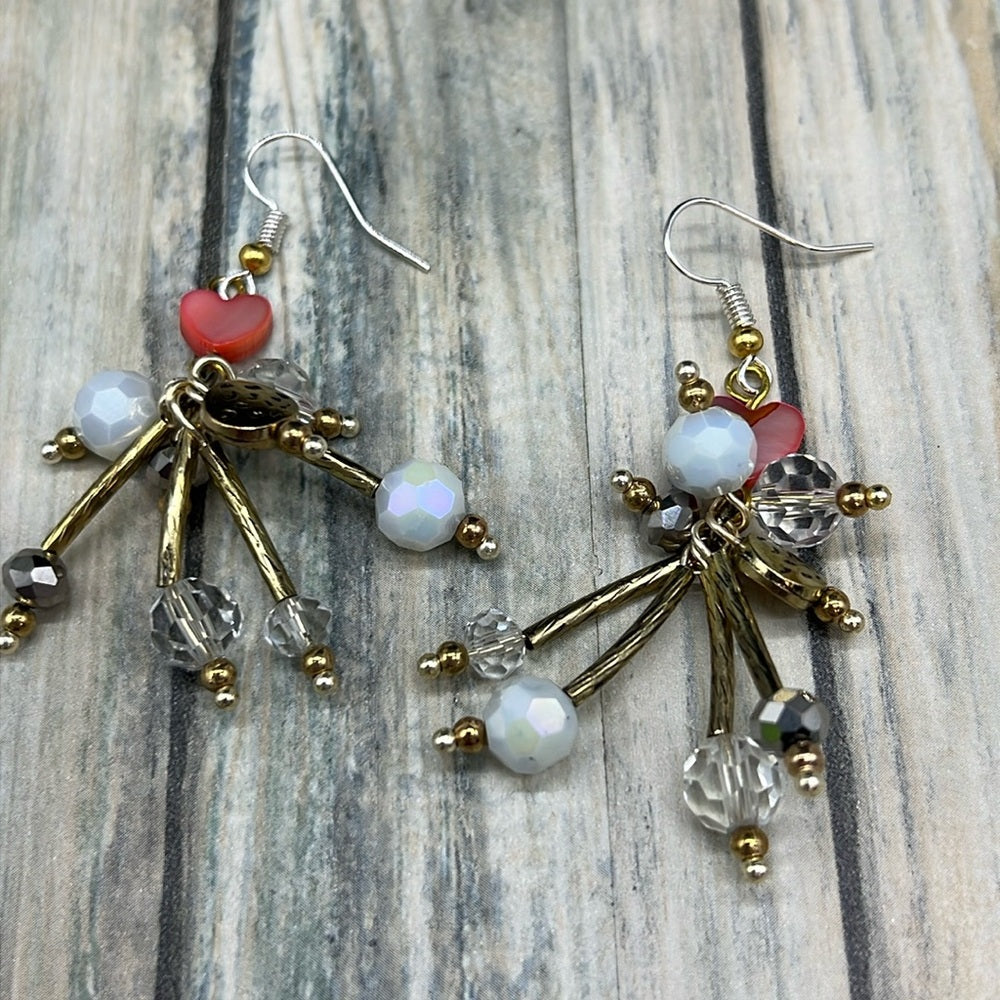 Adorned Crown Jewelry assemblage red mother of Pearl heart bead burst earrings