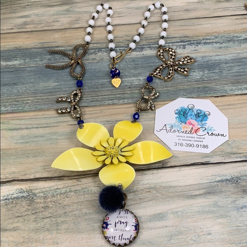 Adorned Crown artisan assemblage yellow enamel flower bow pray necklace