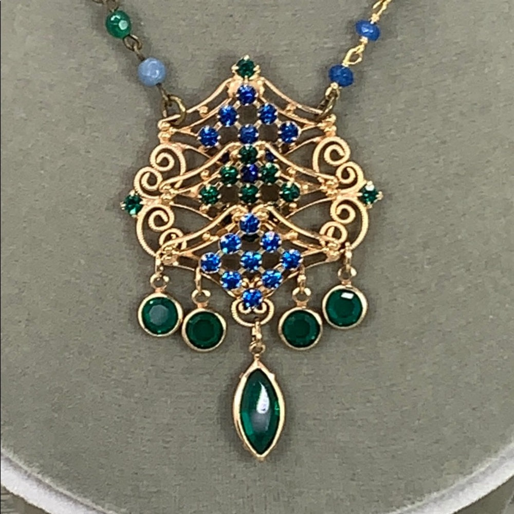 Adorned Crown artisan assemblage green rhinestone drop necklace