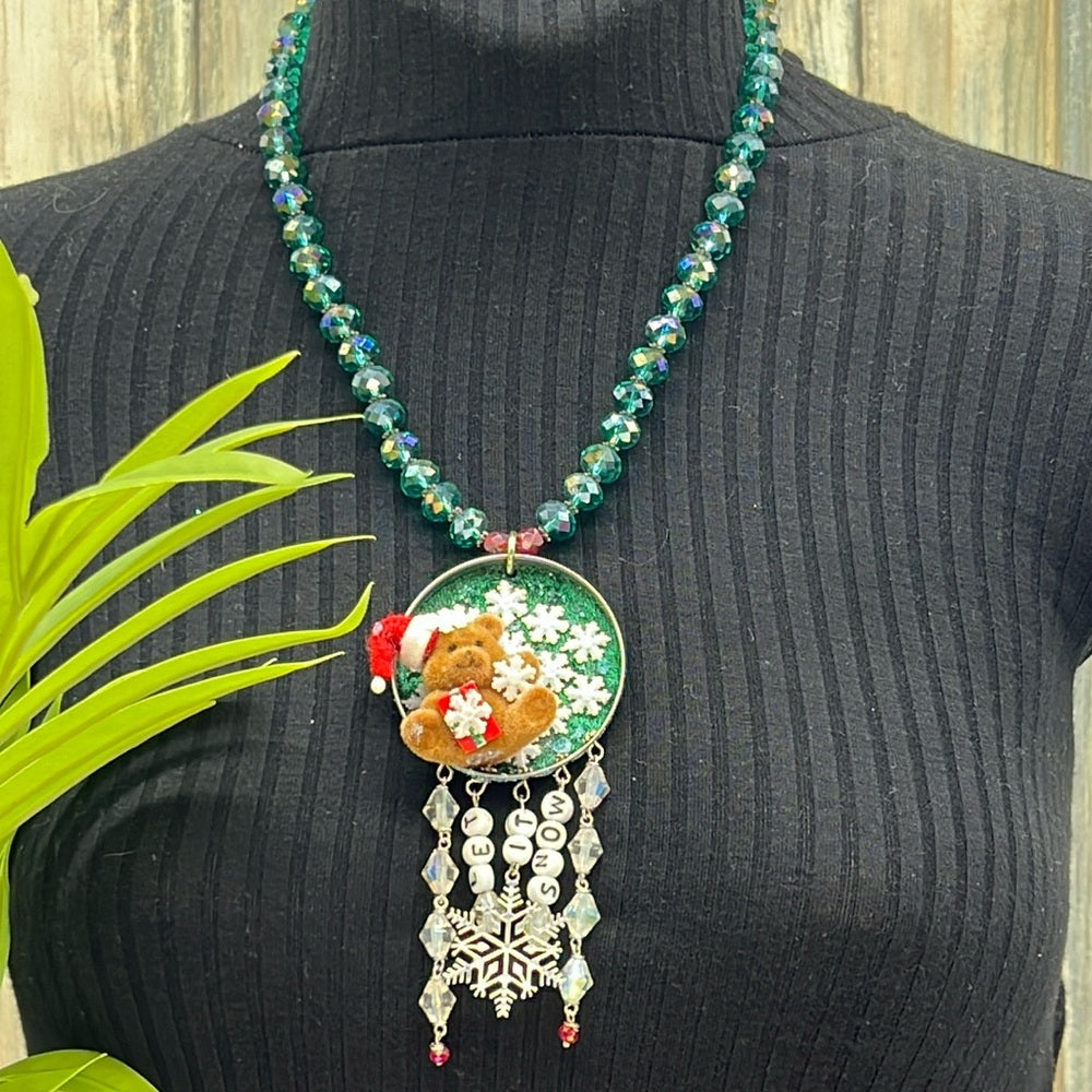 Adorned Crown Jewelry assemblage Christmas let it snow teddy bear necklace