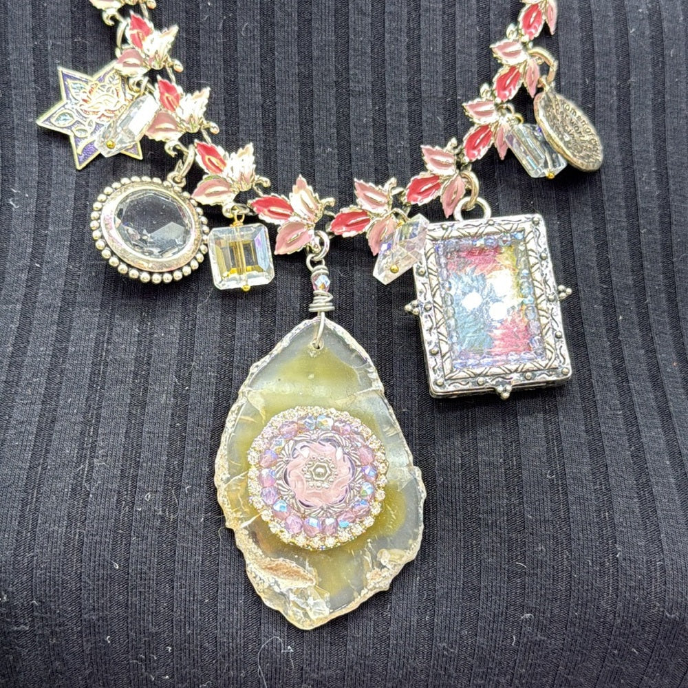 Adorned Crown Jewelry assemblage Floral Charm Pink Silver statement necklace