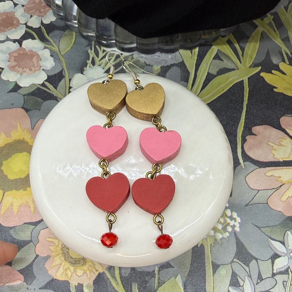 Adorned Crown Jewelry wood heart shoulder duster Valentine's Day earrings