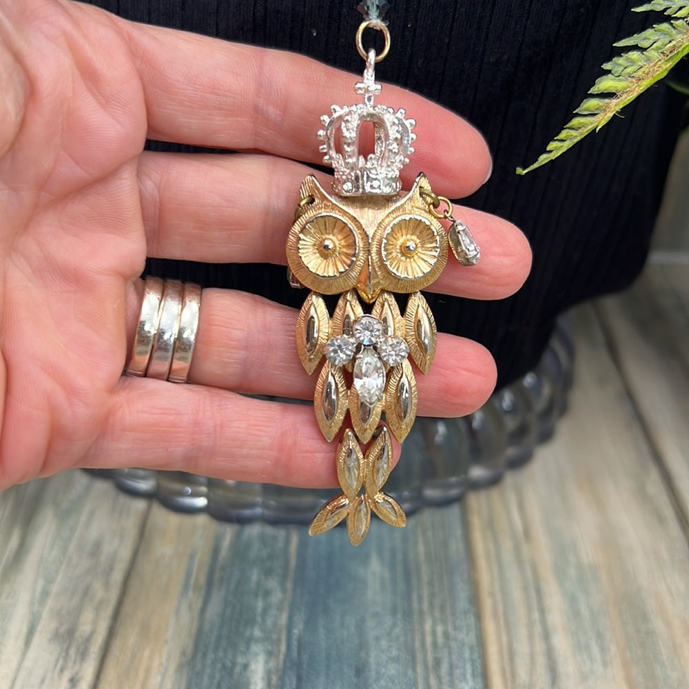 Adorned Crown Artisan Assemblage crowned owl rhinestone beaded long necklace