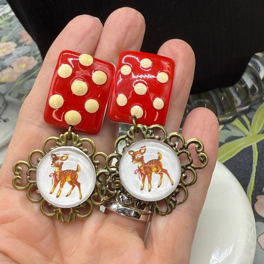 Adorned Crown Jewelry assemblage Christmas polka dot deer drop post earrings