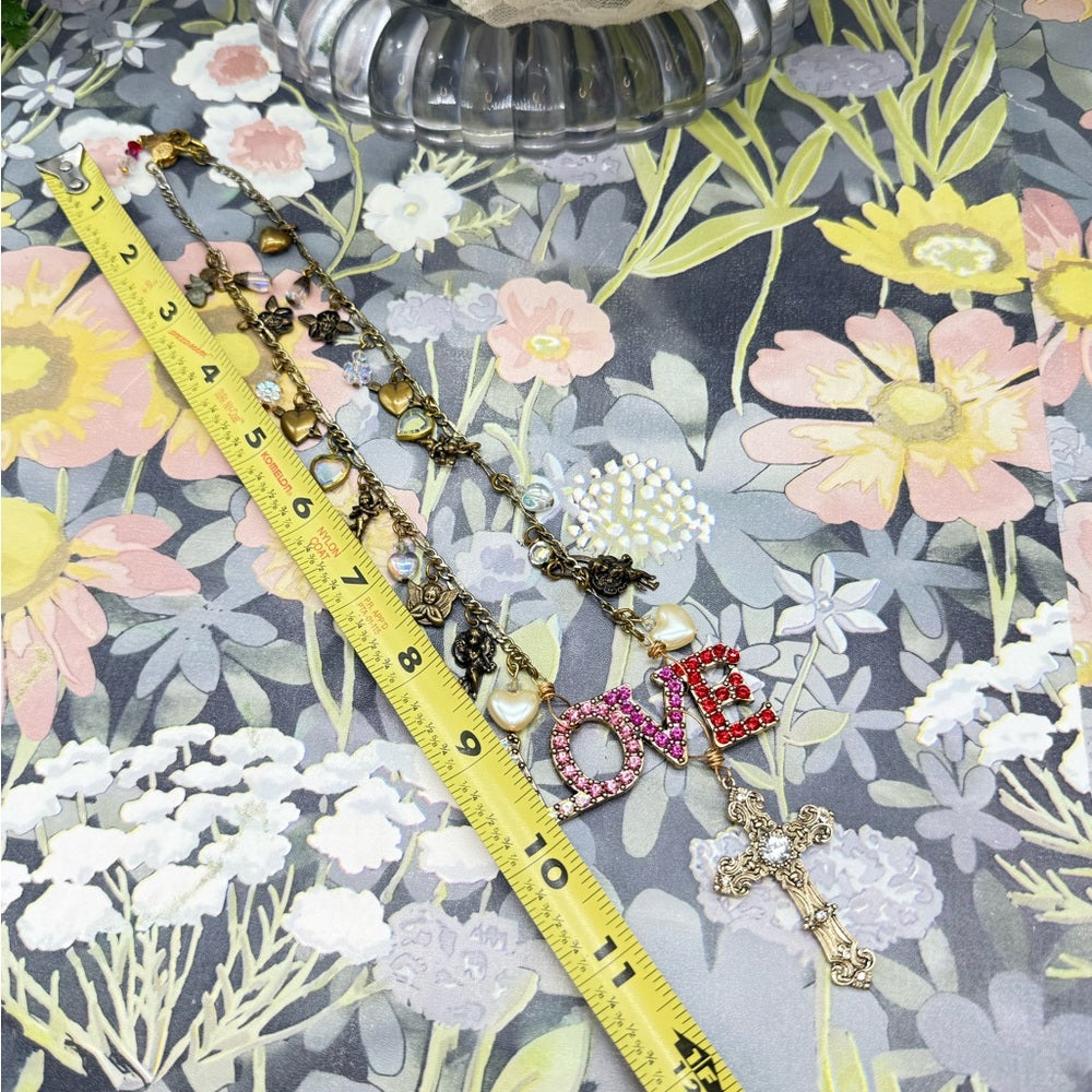 Adorned Crown Jewelry assemblage LOVE cherub charm crystal pendant necklace