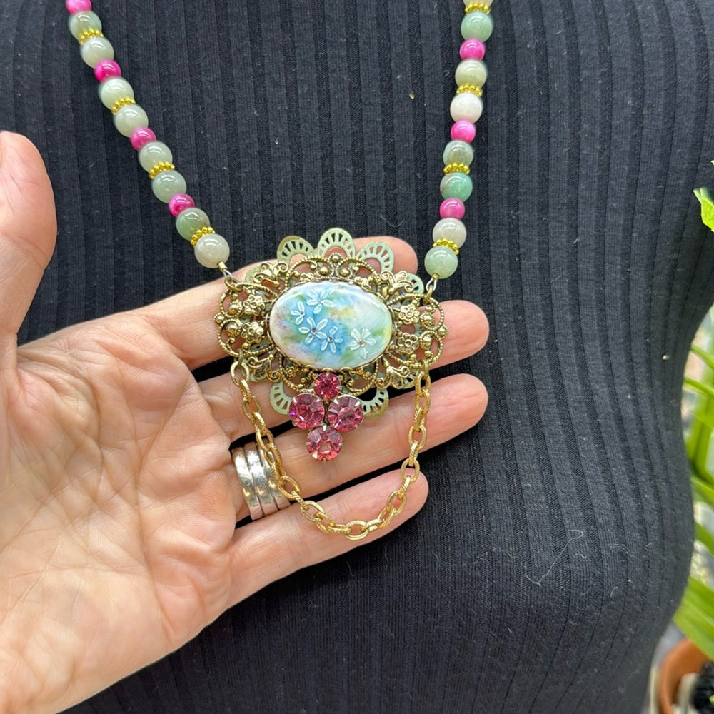 Adorned Crown Jewelry assemblage jade and mop bead porcelain floral necklace