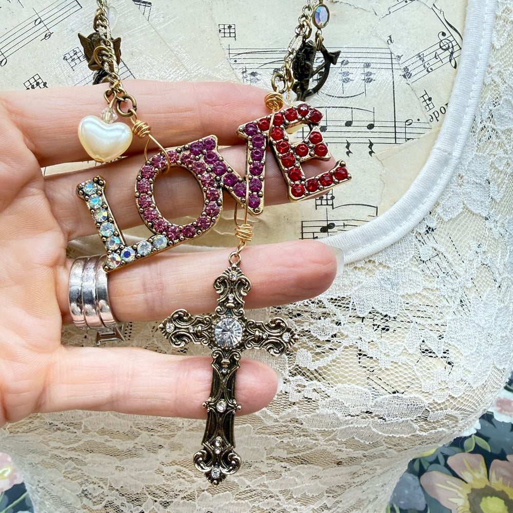 Adorned Crown Jewelry assemblage LOVE cherub charm crystal pendant necklace