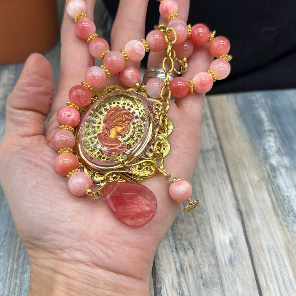 Adorned Crown Jewelry assemblage Persian jade intaglio pink statement necklace