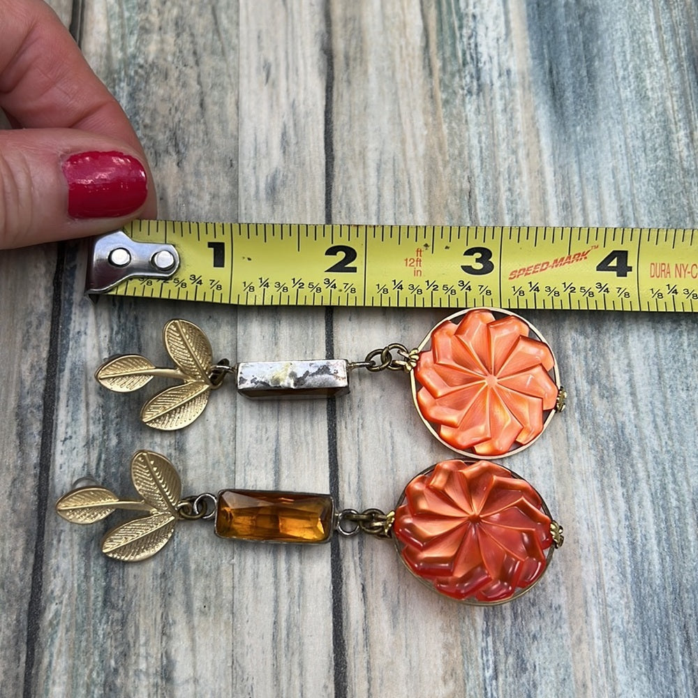 Adorned Crown Artisan Assemblage lucite button topaz gold leaf earrings
