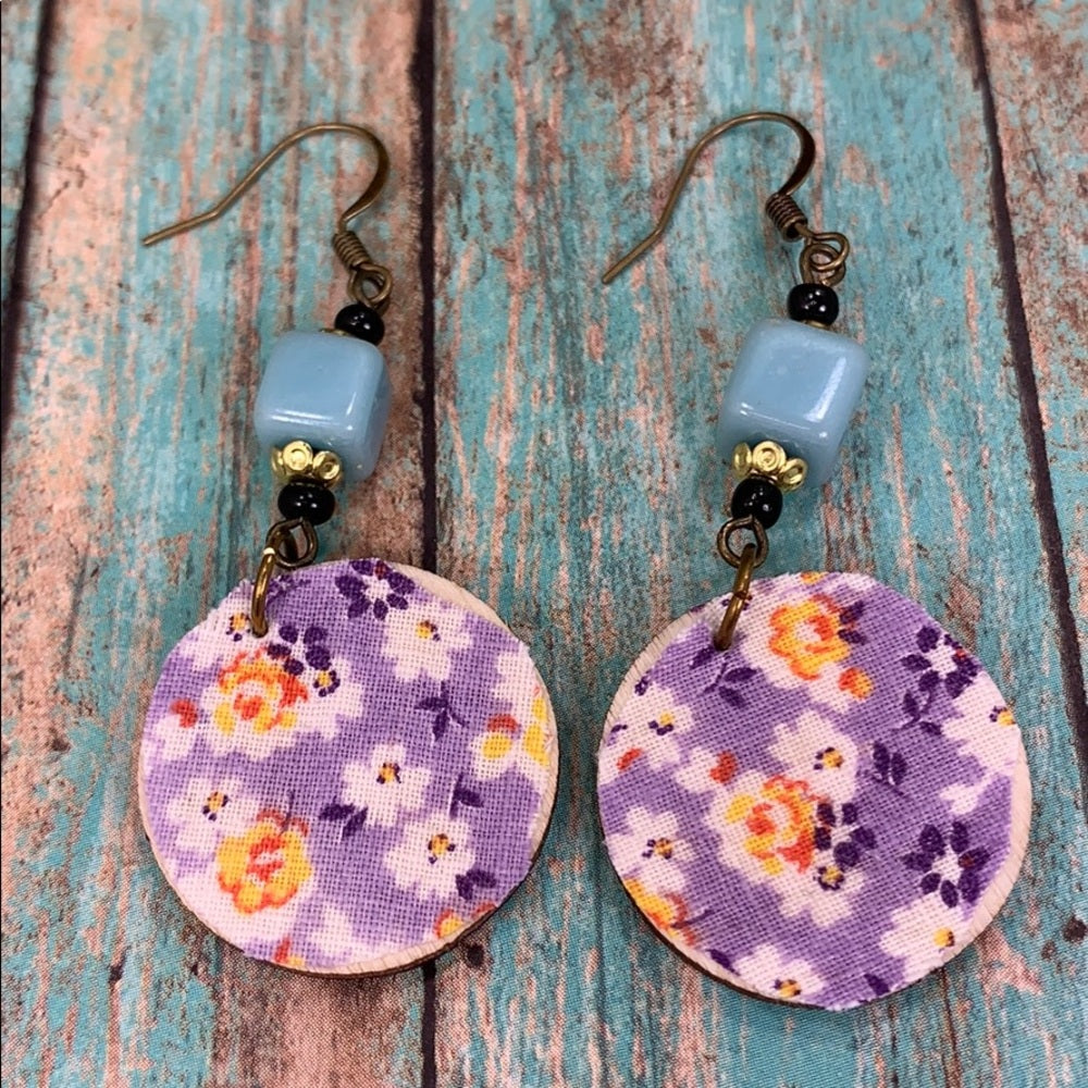 Adorned Crown vintage fabric wood disc bead earrings Purple blue