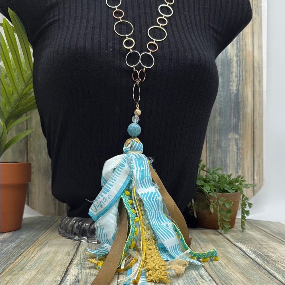 Adorned Crown Jewelry assemblage Bohemian silk ribbon Tassel Necklace Blue