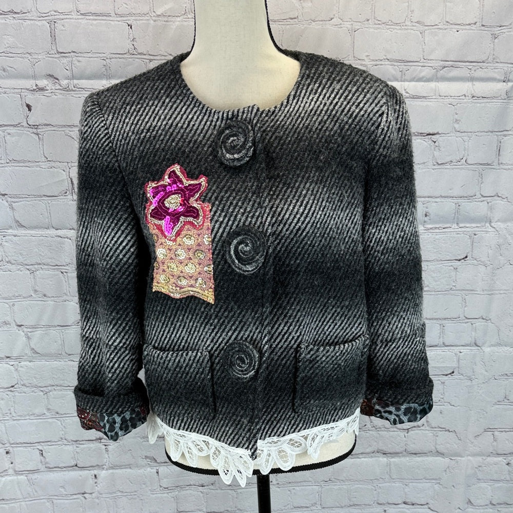Adorned Crown Jewelry altered textile wool blend love love love jacket sz m/l