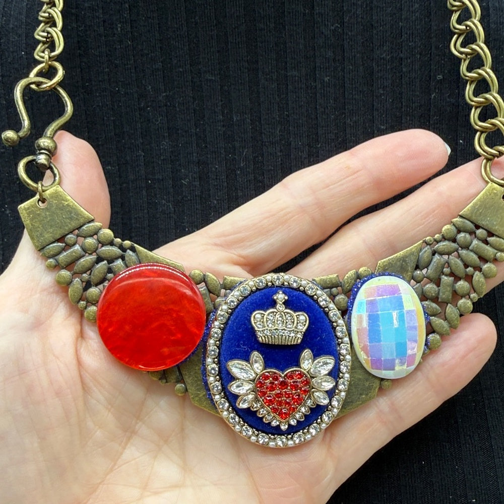 Adorned Crown Jewelry assemblage red white blue rhinestone button bib necklace