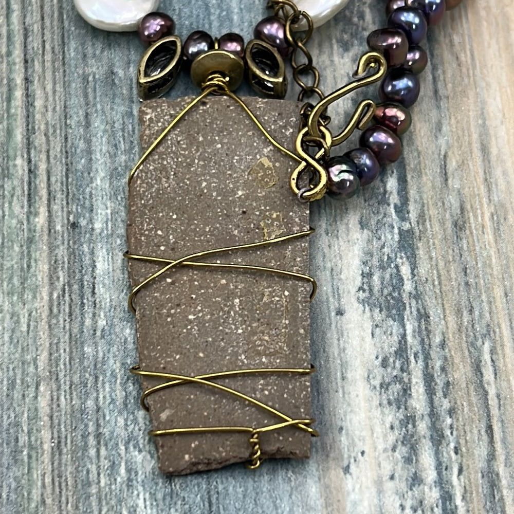 Adorned Crown Artisan Assemblage stone pendant button genuine Pearl necklace