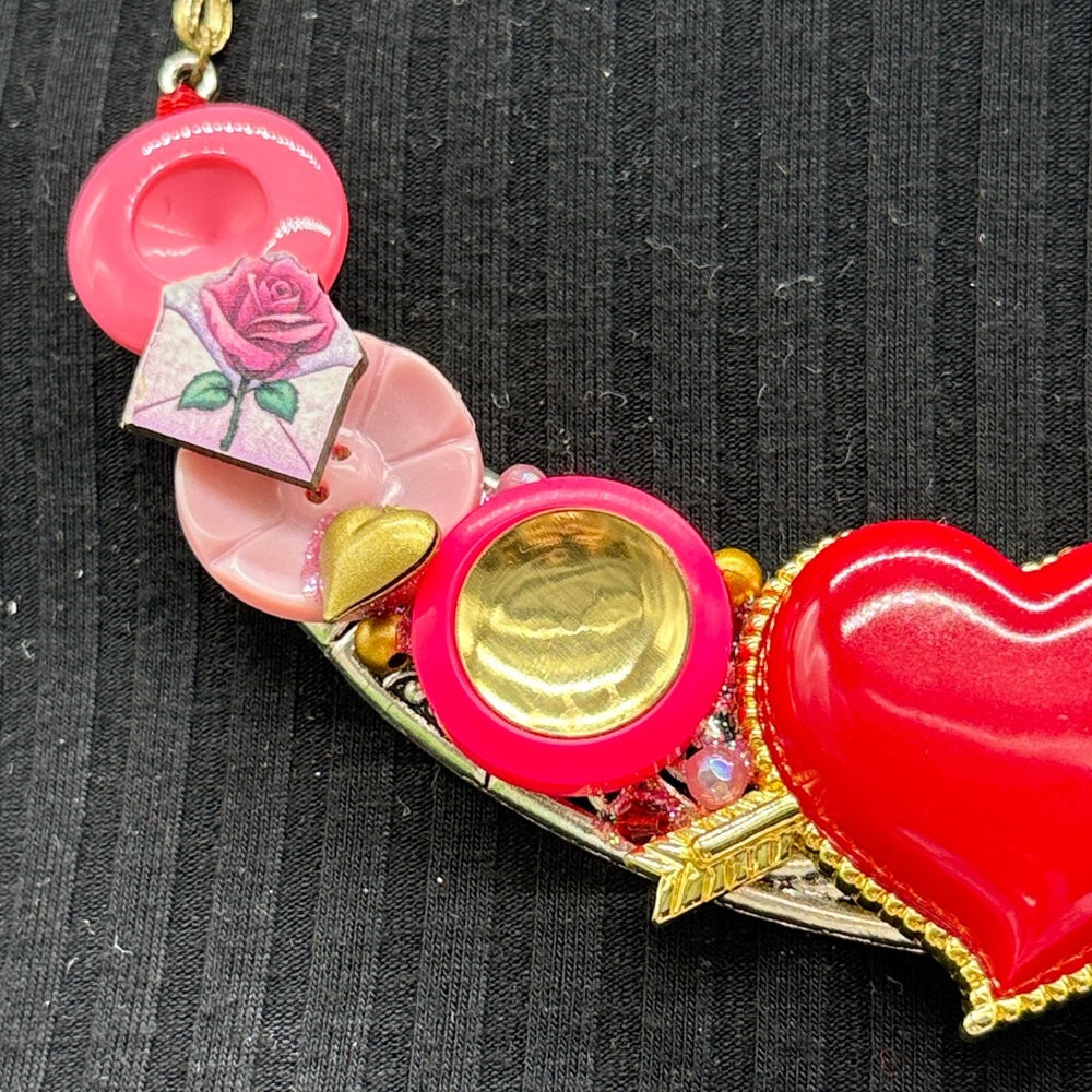 Adorned Crown Jewelry assemblage hearts ablaze pink red bib necklace