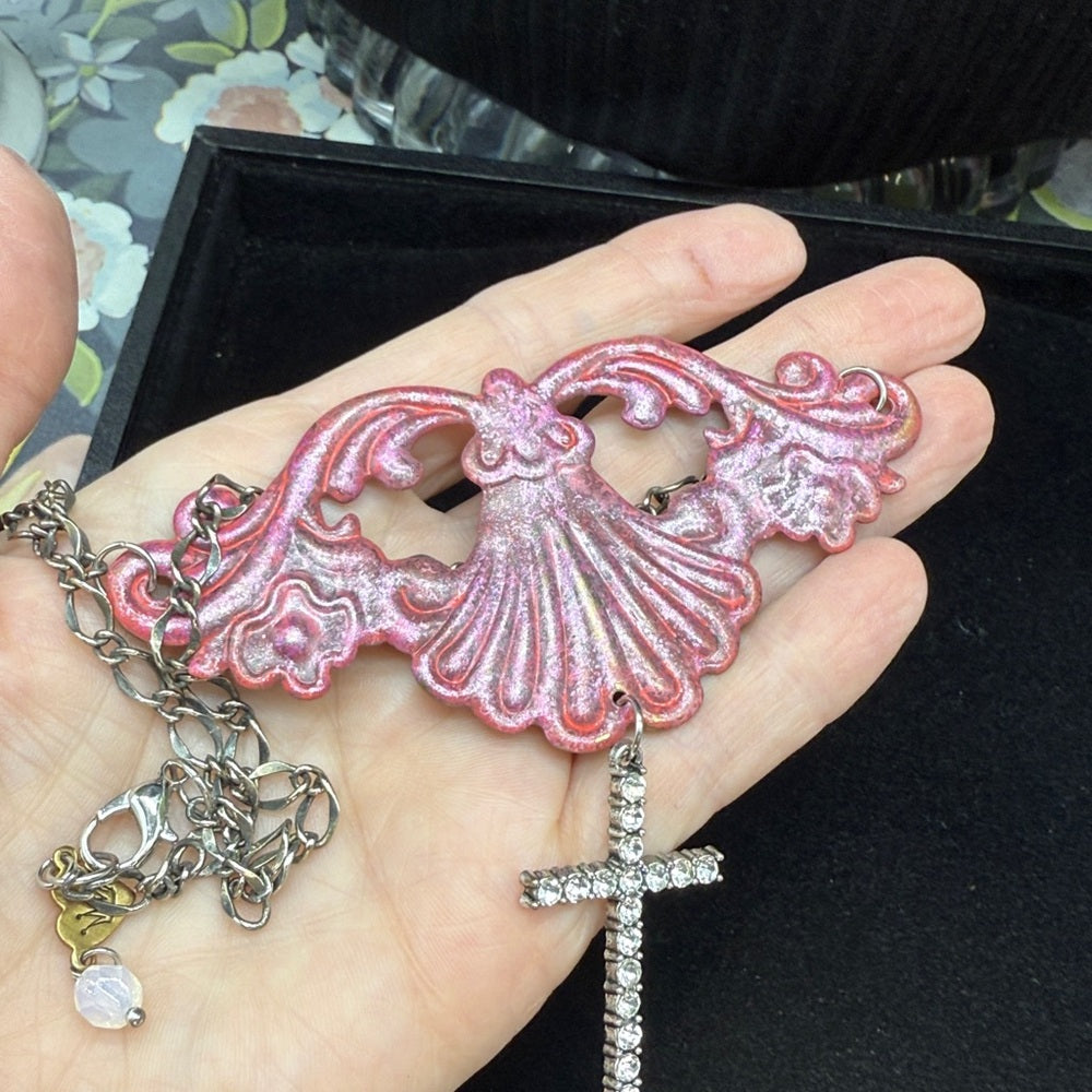 Adorned Crown Jewelry assemblage pink statement crystal cross necklace