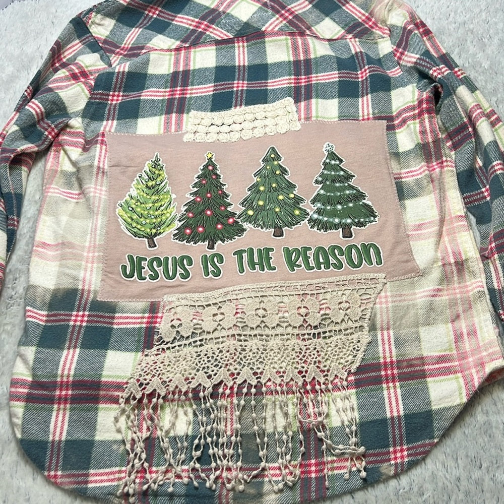 Adorned Crown Textiles altered flannel “Jesus is the reason…Season” size XS