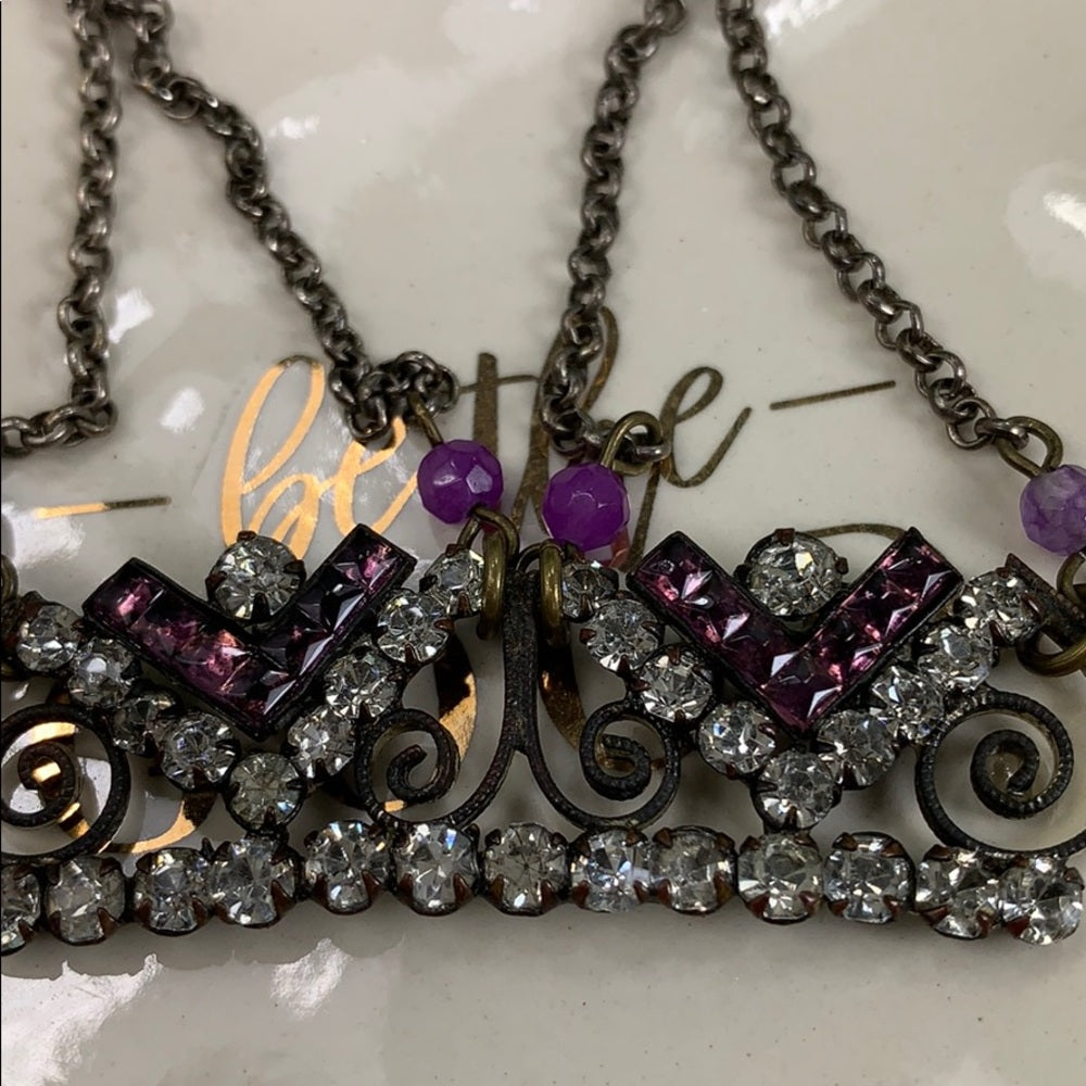 Adorned Crown artisan assemblage amethyst rhinestone Art Deco necklace