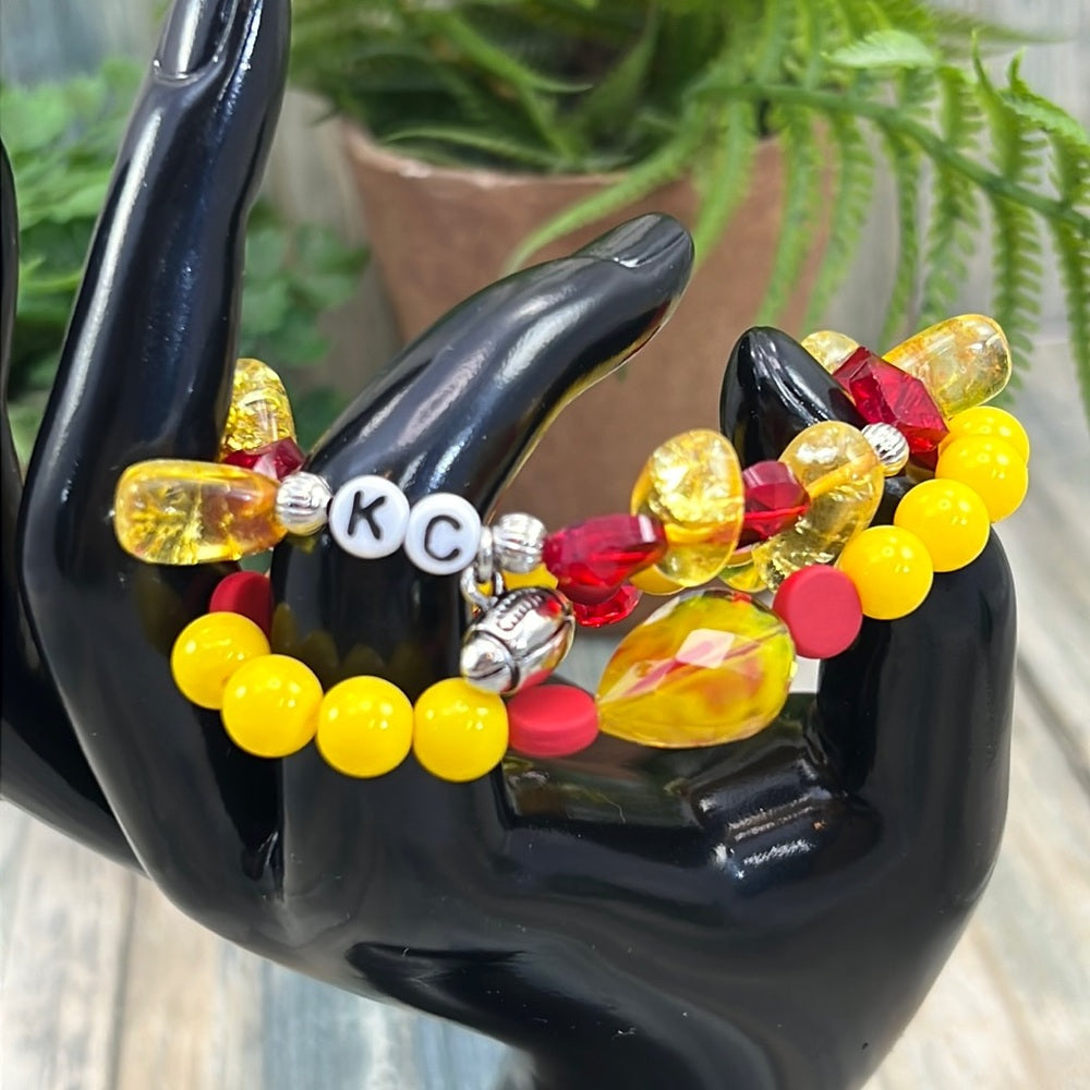 Adorned Crown Kansas City Chiefs KC football red gold stretch bracelet set F