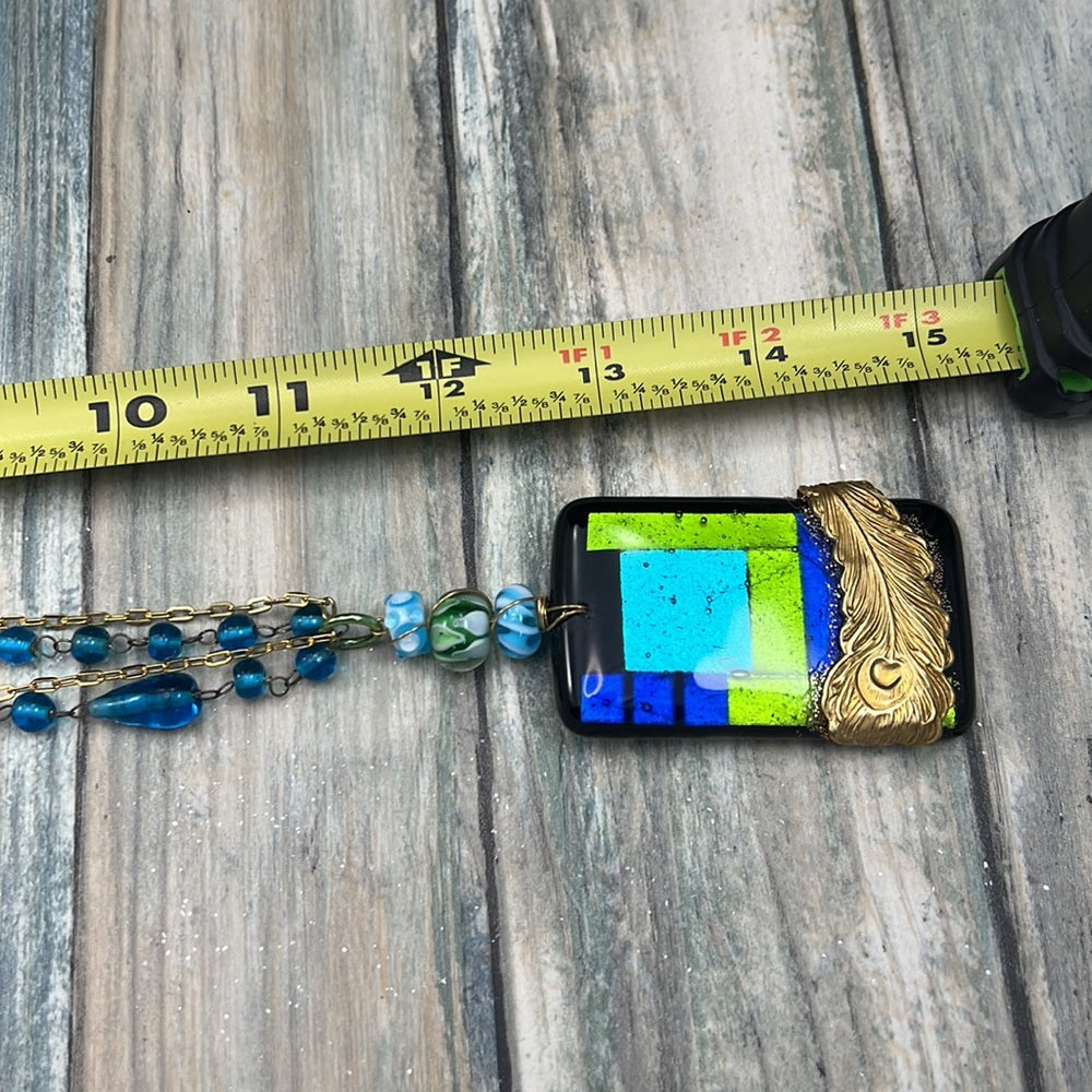 Adorned Crown Artisan Assemblage dichroic glass pendant feather necklace