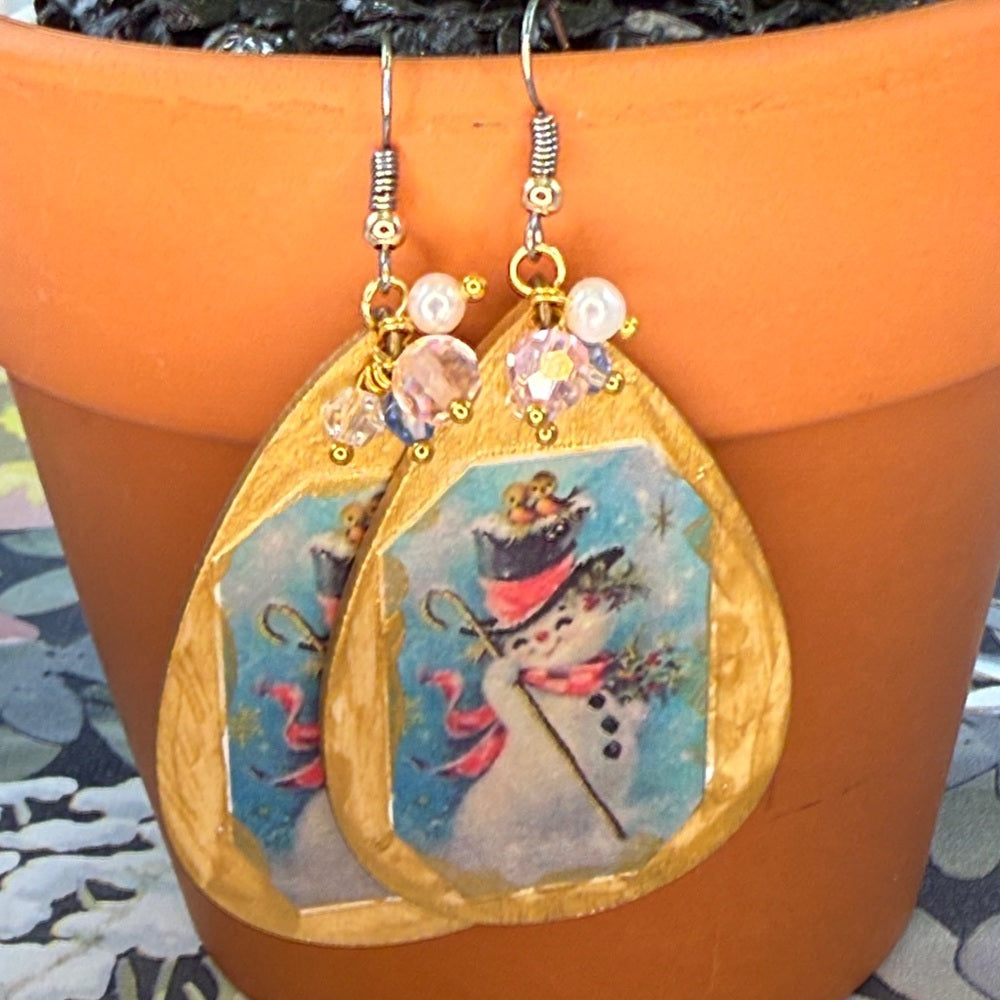 Adorned Crown Jewelry assemblage Victorian Christmas pink snowman earrings