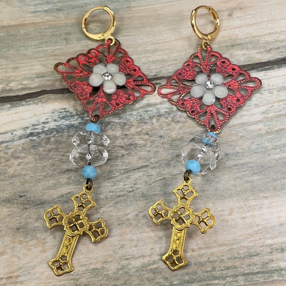 Adorned Crown artisan assemblage faith filigree cross lightweight earrings
