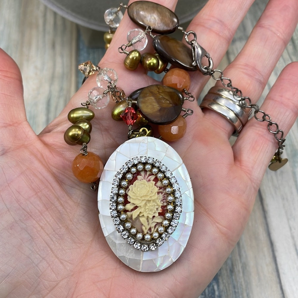 Adorned Crown Artisan Assemblage “autumn splendor” shell gemstone necklace