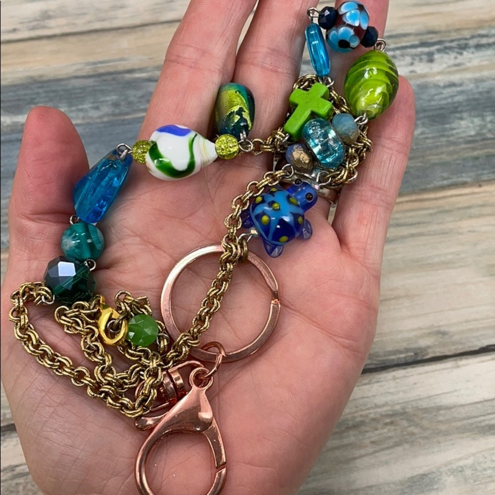 Adorned Crown assemblage green blue  bead keychain badge lanyard