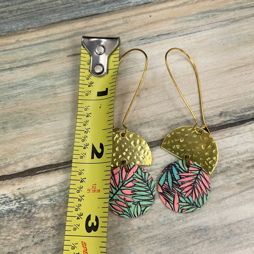 Adorned Crown geo tropical floral leather hammered brass earrings