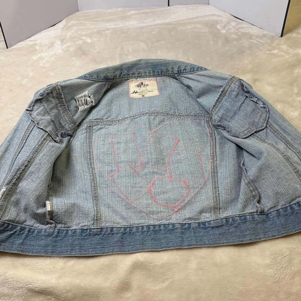 Adorned Crown Jewelry and textiles altered velvet heart denim jacket size med