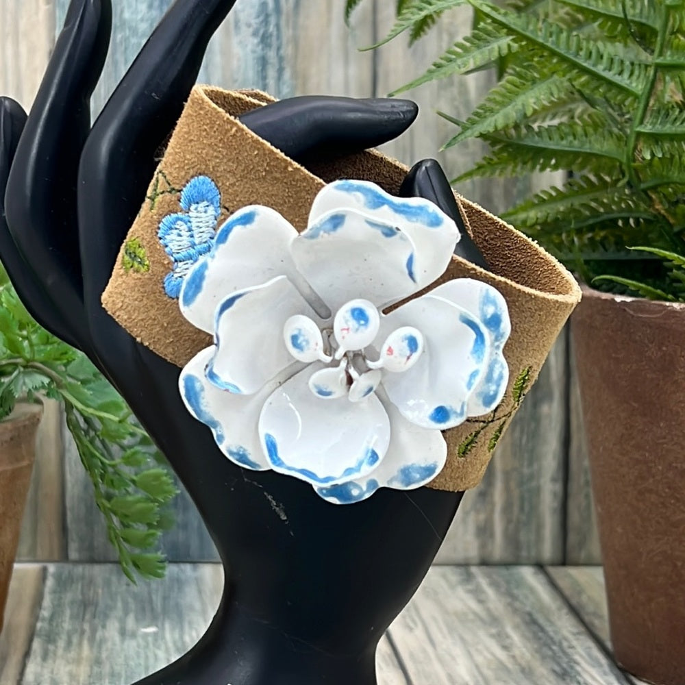 Adorned Crown Artisan Assemblage embroidered leather enamel flower bracelet