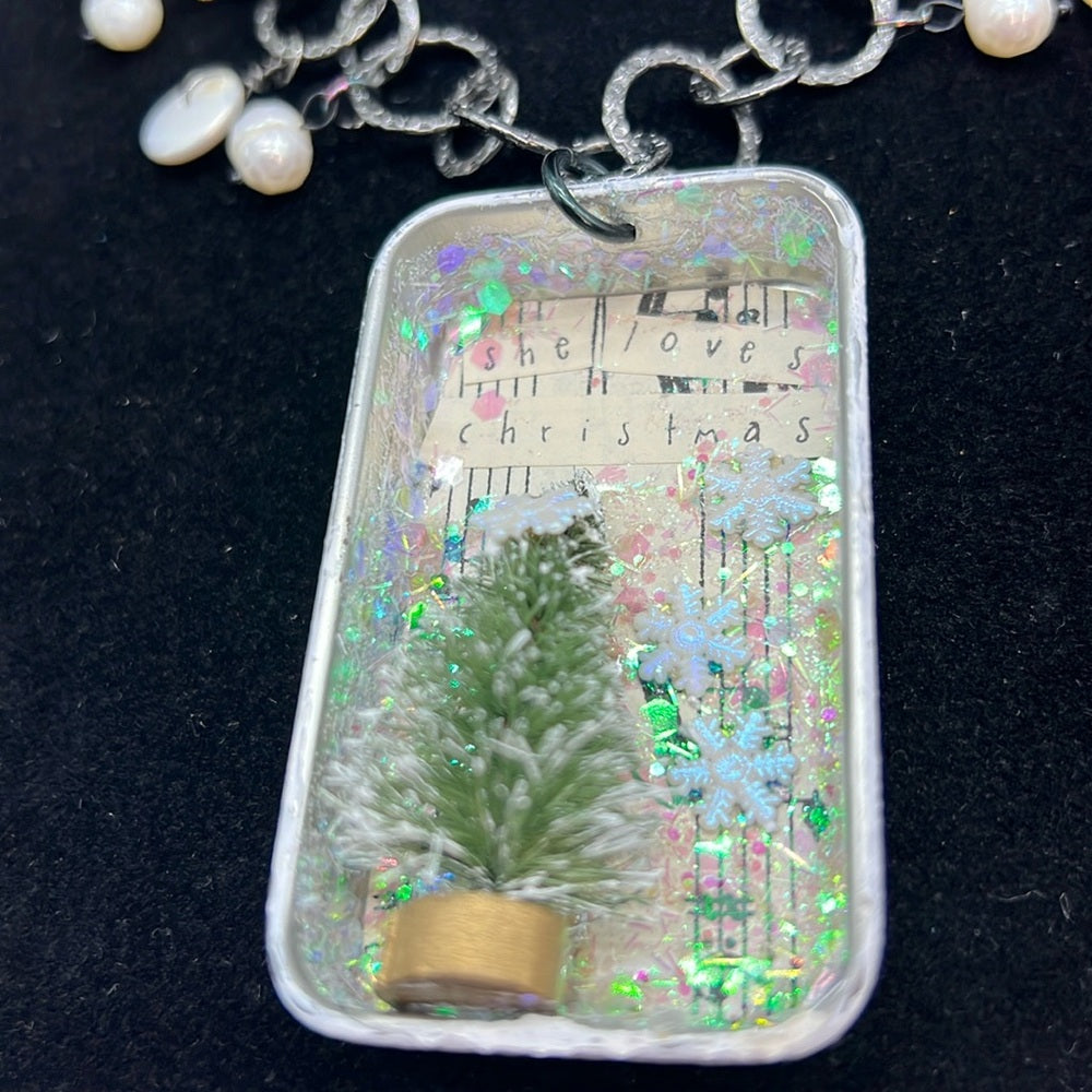 Adorned Crown Jewelry assemblage she loves Christmas shadow box necklace