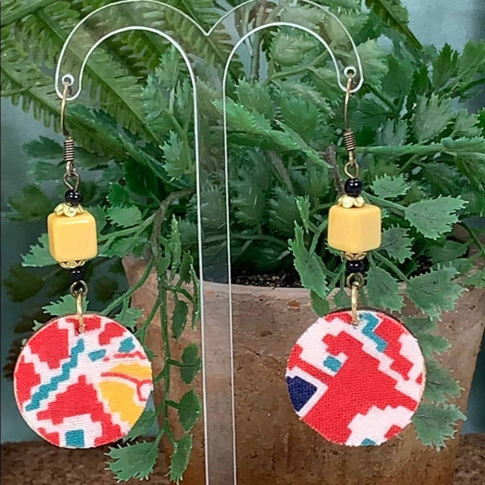 Adorned Crown vintage fabric wood disc lightweight earrings red yellow