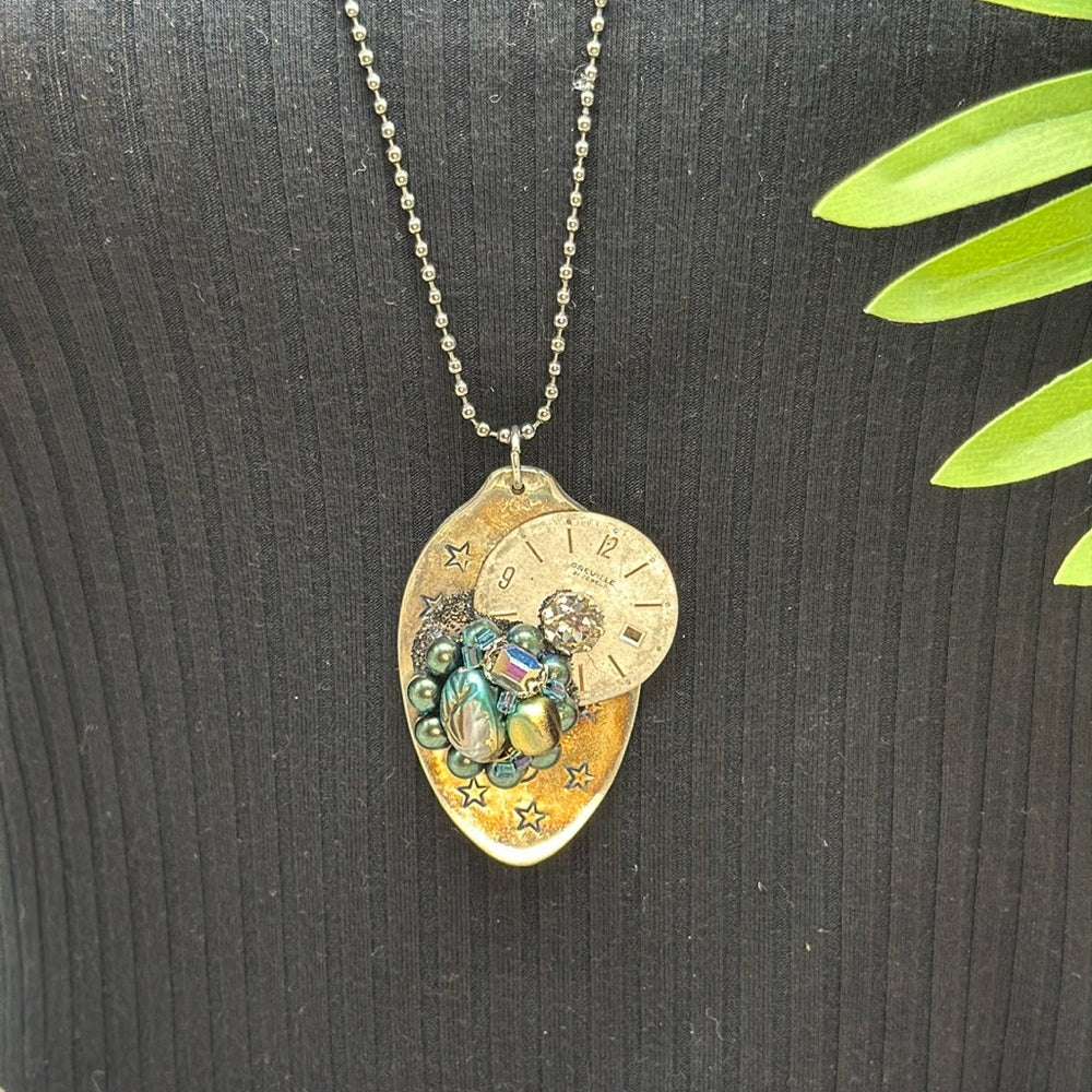 Adorned Crown Jewelry assemblage spoon watch face stars cluster long necklace