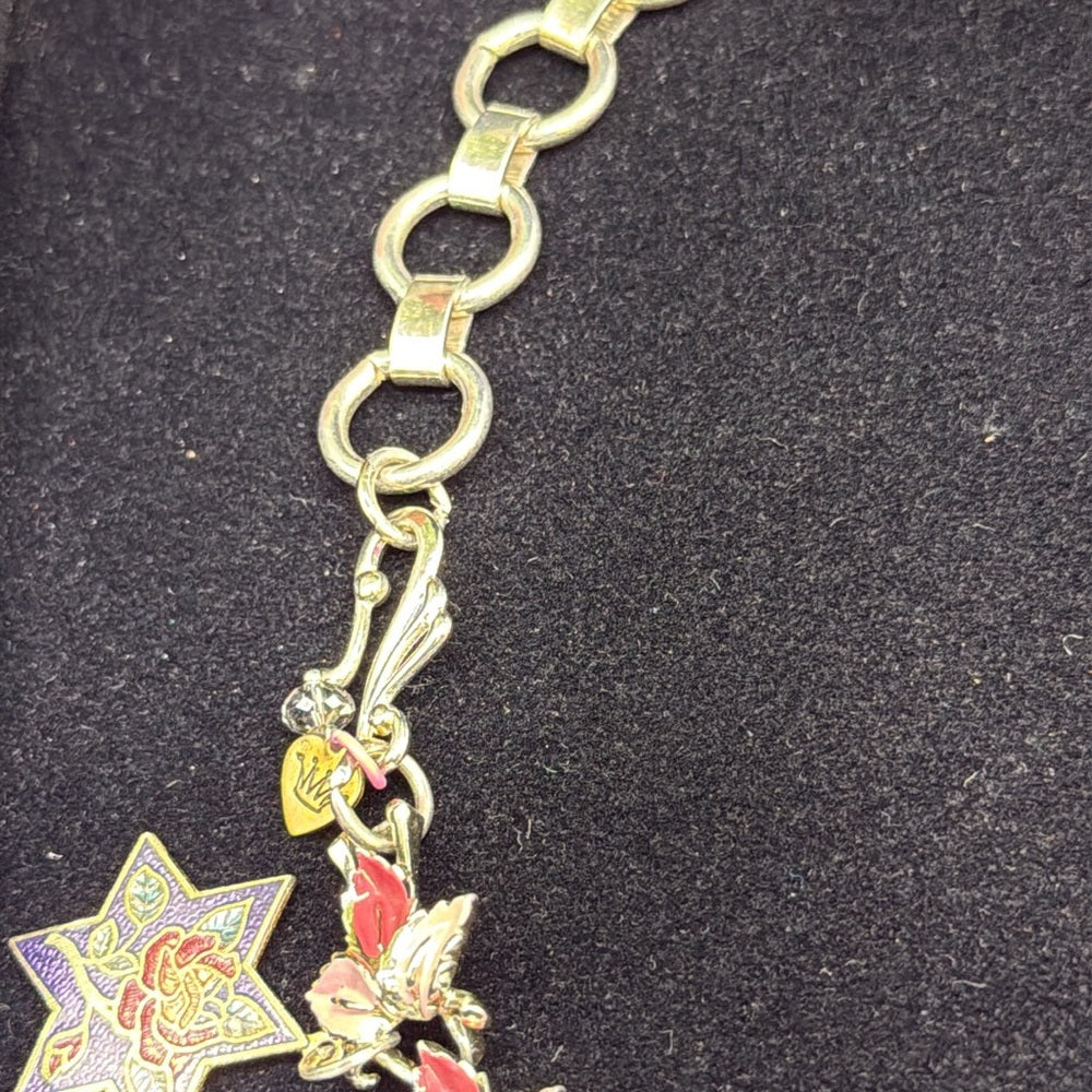 Adorned Crown Jewelry assemblage Floral Charm Pink Silver statement necklace