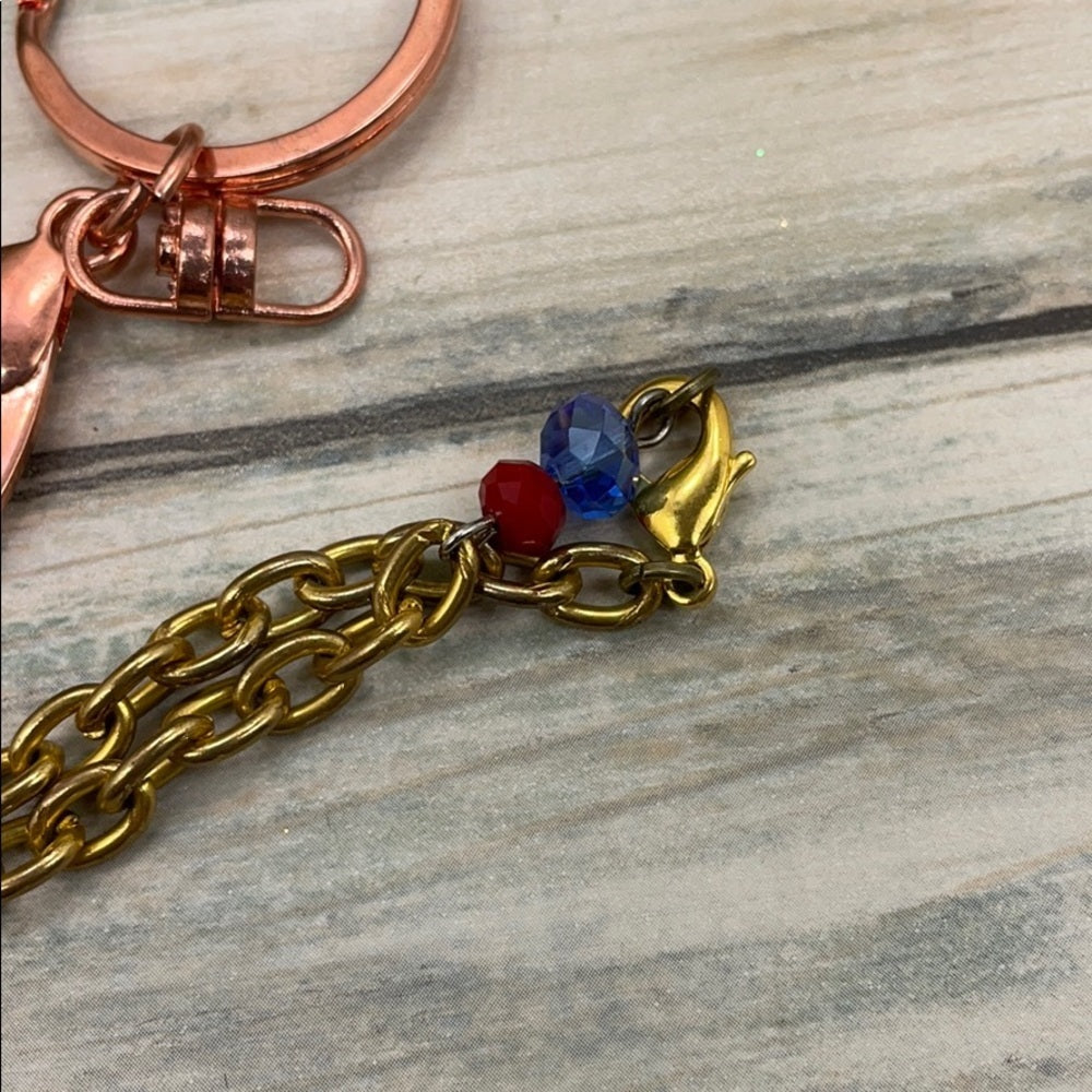Adorned Crown artisan assemblage red blue bead keychain badge lanyard