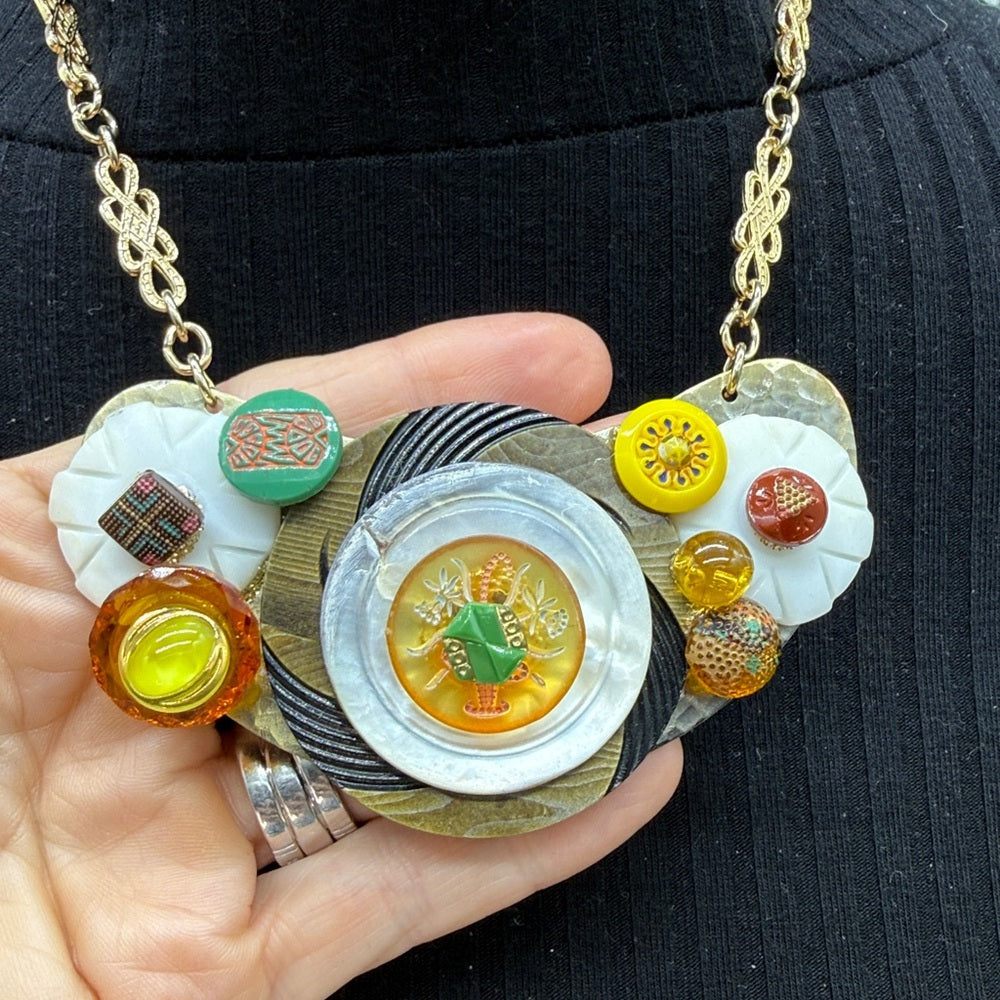 Adorned Crown Jewelry assemblage vintage button bib yellow green necklace