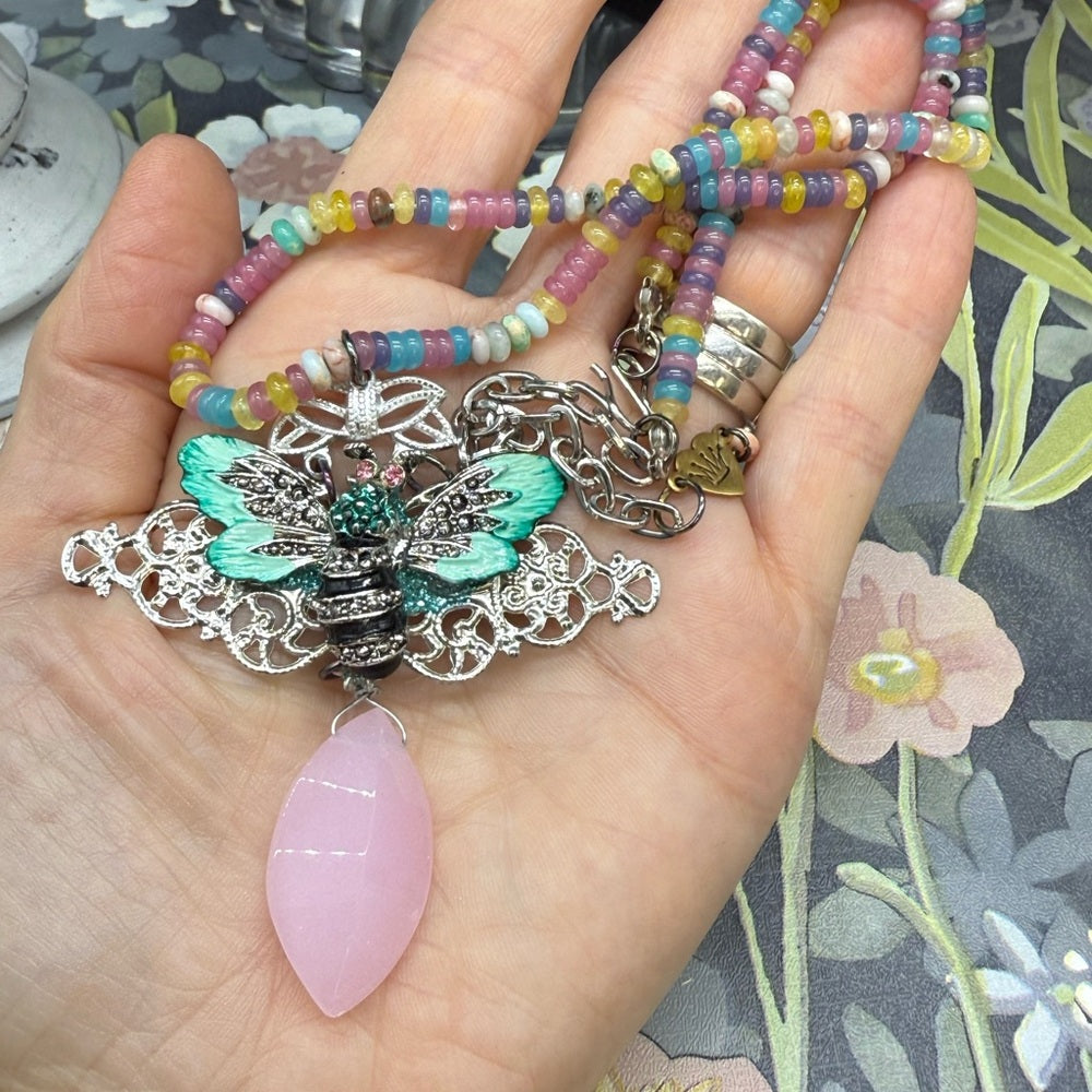 Adorned Crown Jewelry assemblage pastel gemstone bead teal enamel bee necklace