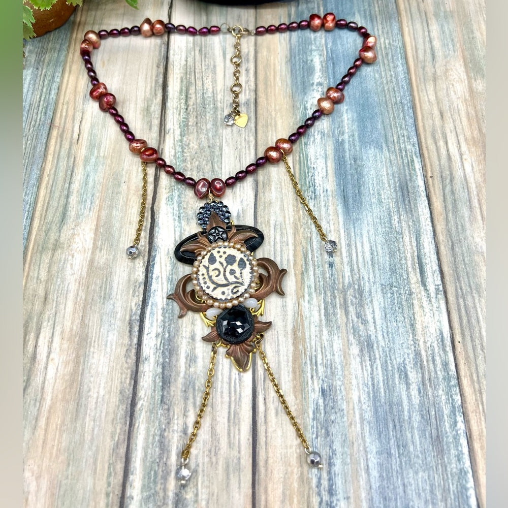 Adorned Crown Jewelry Pearl steampunk collage pendant necklace