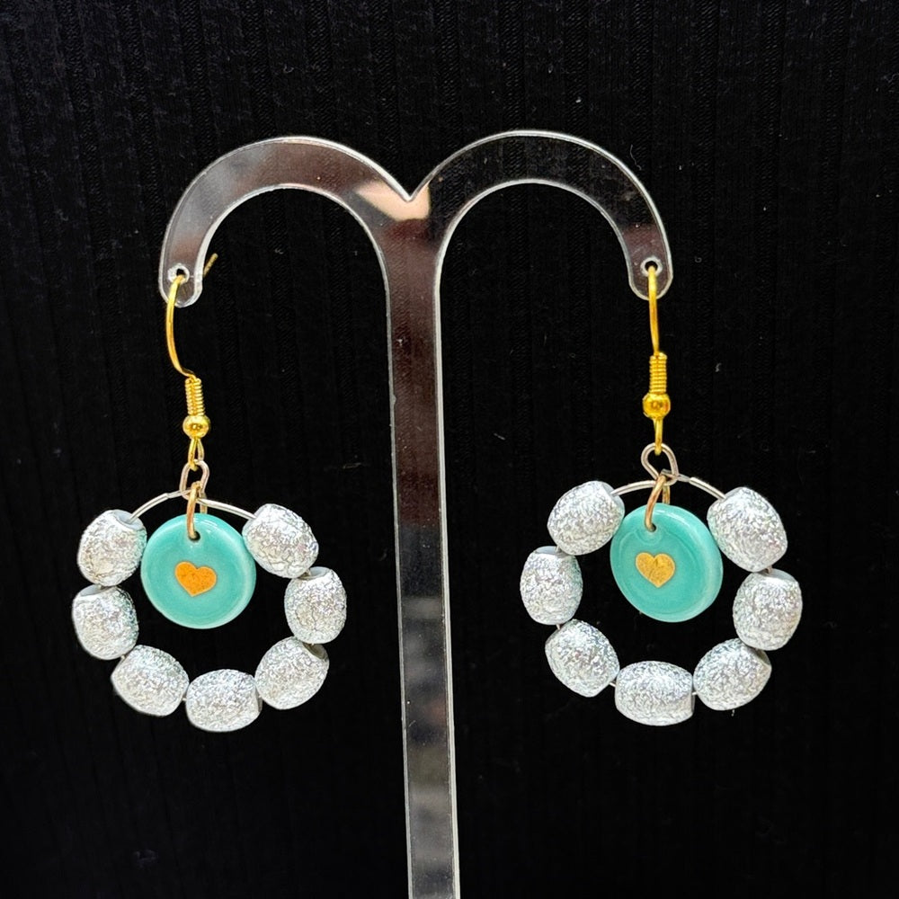 Adorned Crown Jewelry assemblage ceramic heart glass beads sea foam earrings