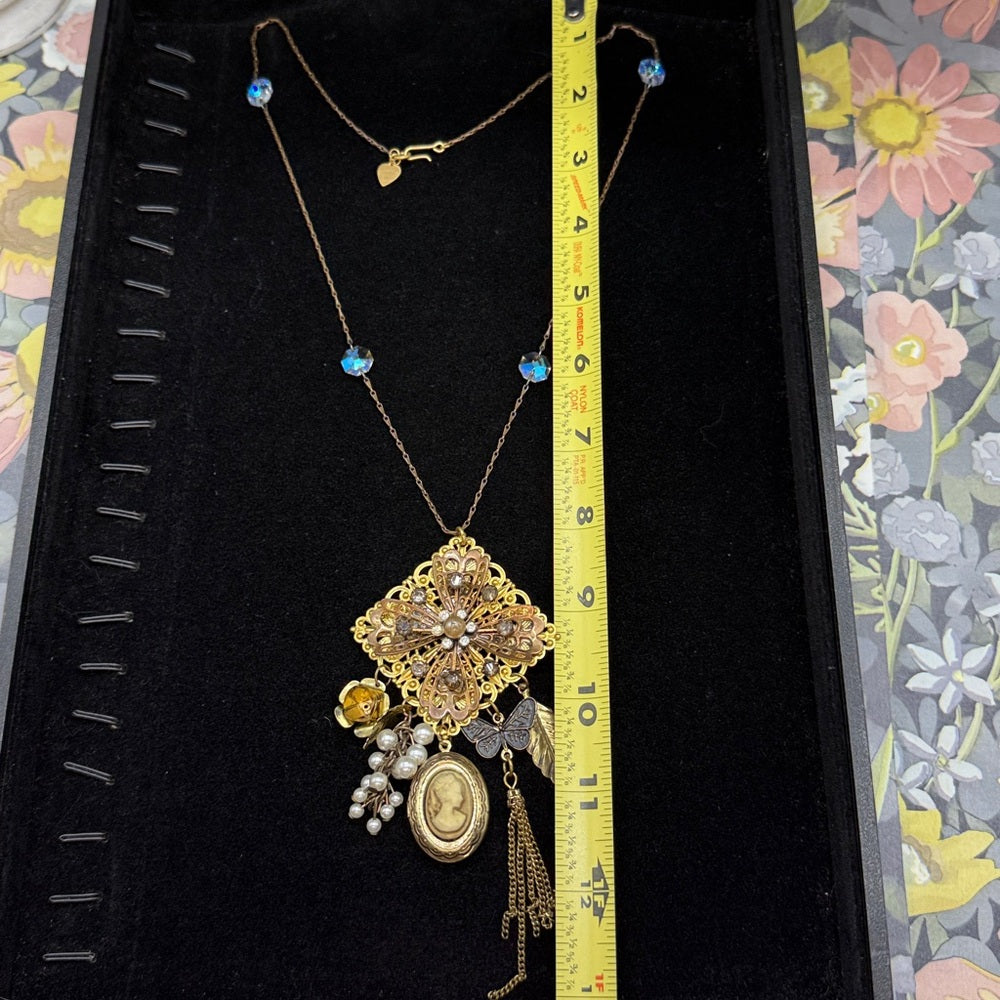 Adorned Crown Jewelry assemblage filigree and charm crystal long necklace