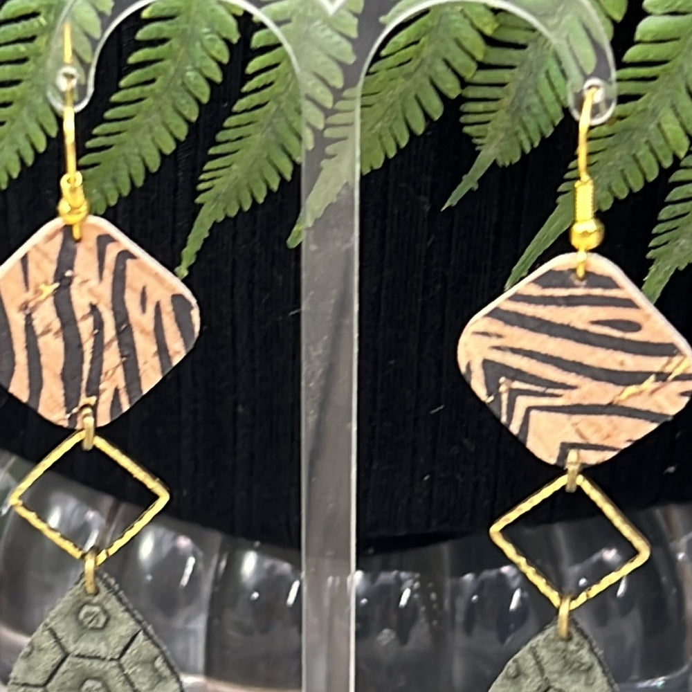 Adorned Crown Artisan Assemblage leather double drop zebra green earrings
