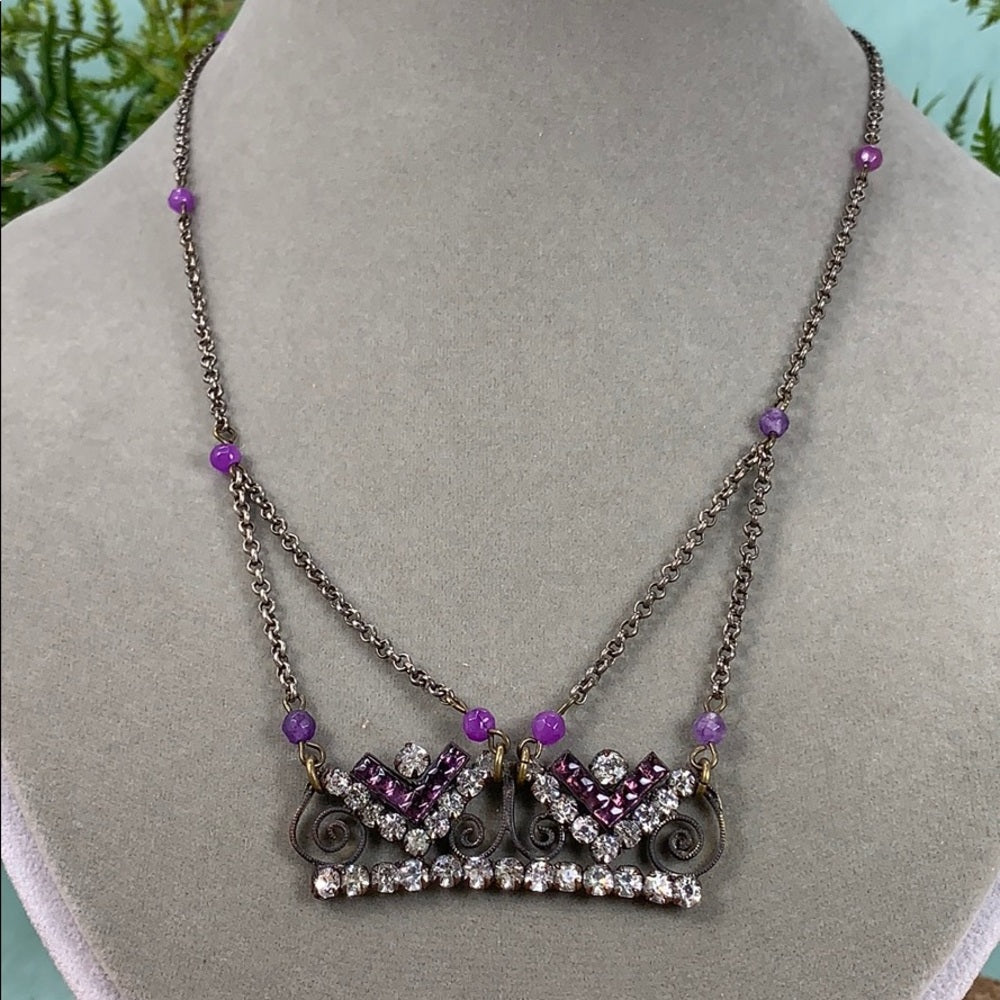 Adorned Crown artisan assemblage amethyst rhinestone Art Deco necklace