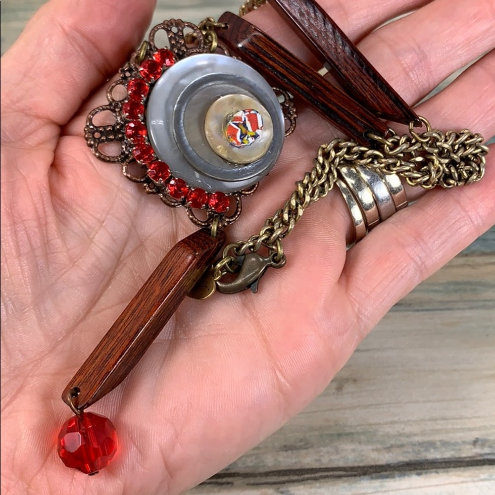 Adorned Crown artisan assemblage wood bead button rhinestone necklace