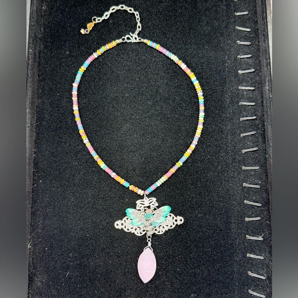 Adorned Crown Jewelry assemblage pastel gemstone bead teal enamel bee necklace