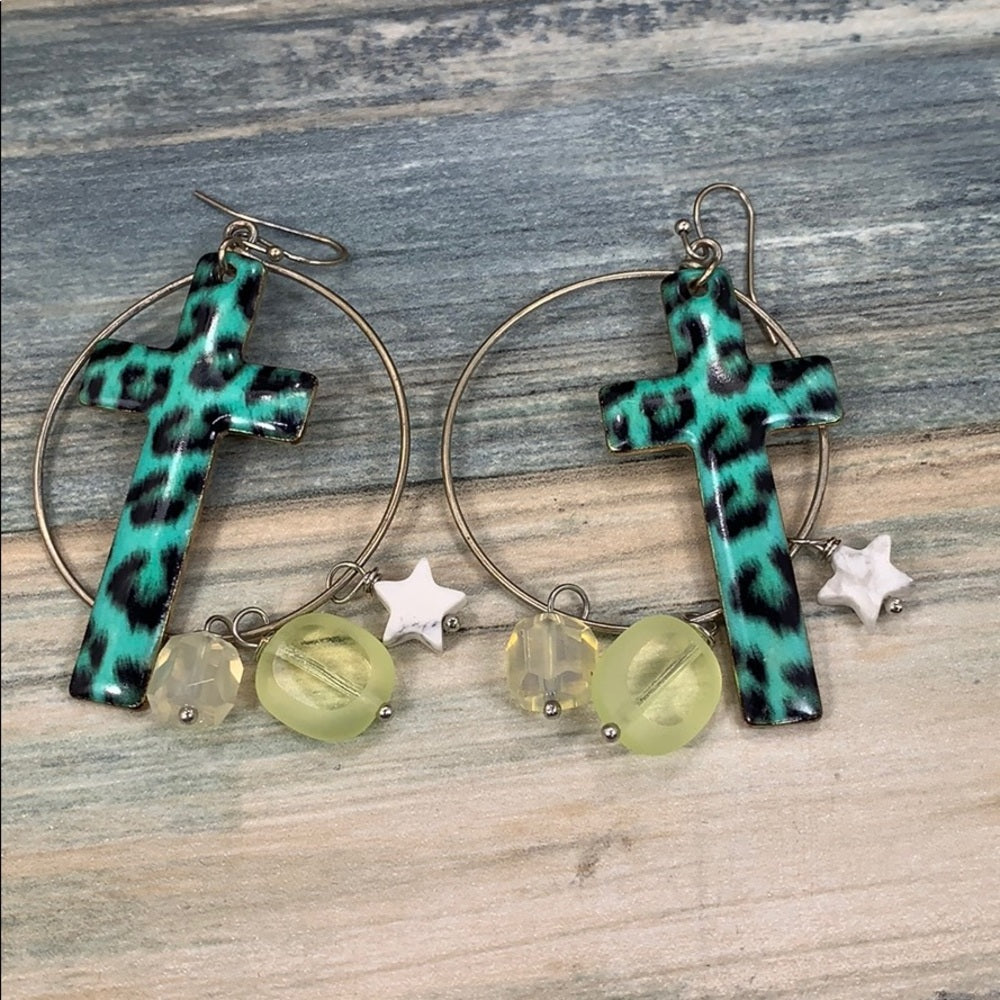 Adorned Crown assemblage teal leopard pattern cross gem drop earrings