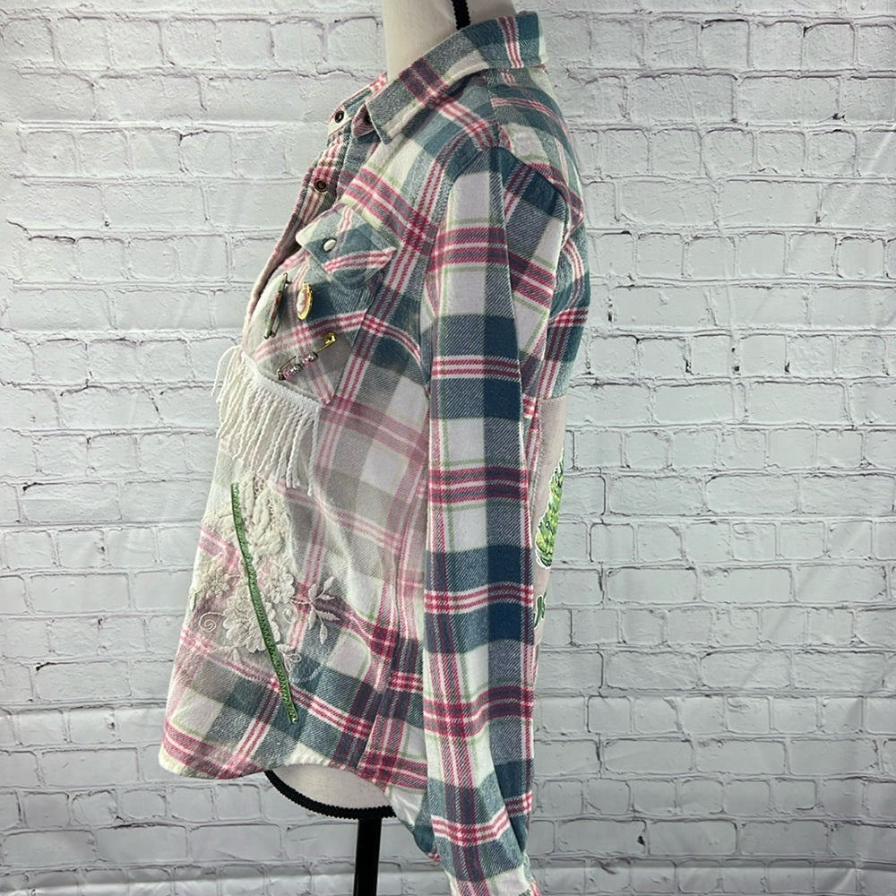 Adorned Crown Textiles altered flannel “Jesus is the reason…Season” size XS