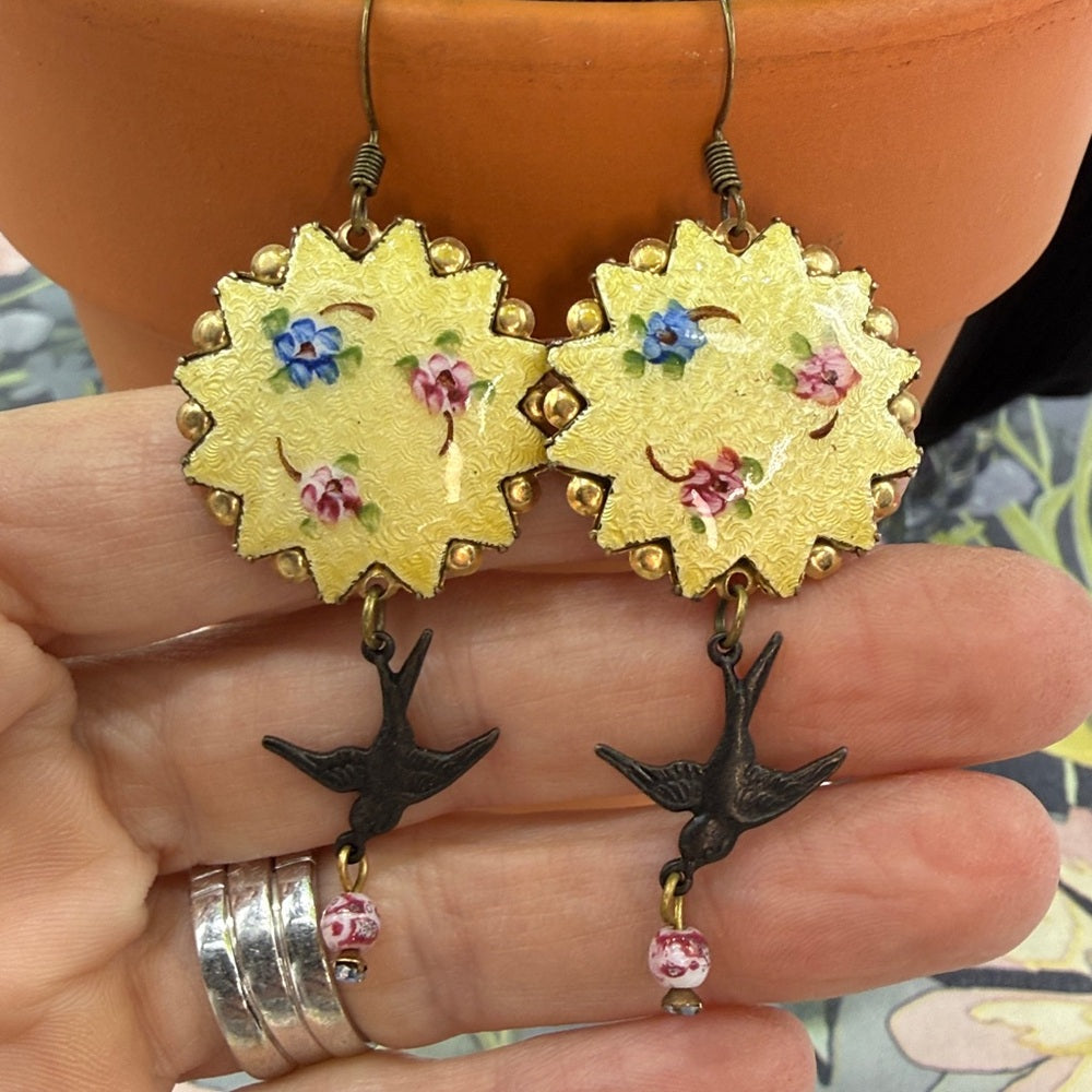Adorned Crown Jewelry assemblage boho guilloche yellow floral bird earrings