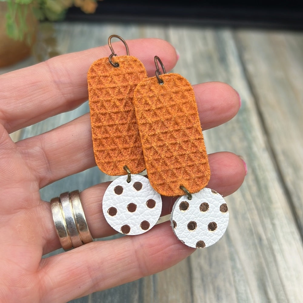 Adorned Crown Artisan leather statement lightweight earrings orange dot