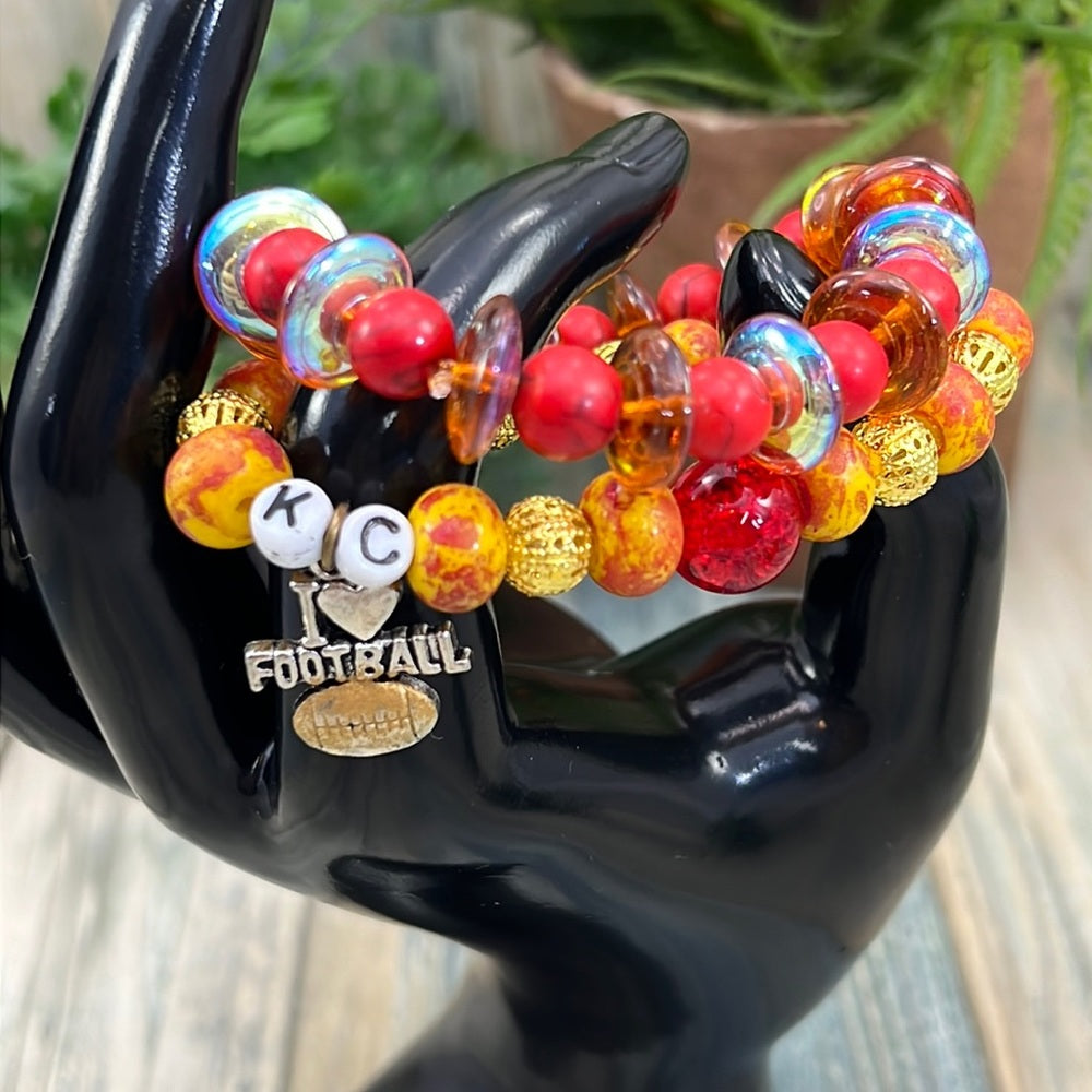Adorned Crown Kansas City Chiefs KC football red gold stretch bracelet set C